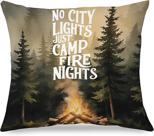 Camper Camping Pillow Covers 18x18, Campsite RV Camping Decor for Inside, No City Lights Just Campfire Nights Woodland Forest Decorative Throw Pillow Covers for RV Campsite Camper