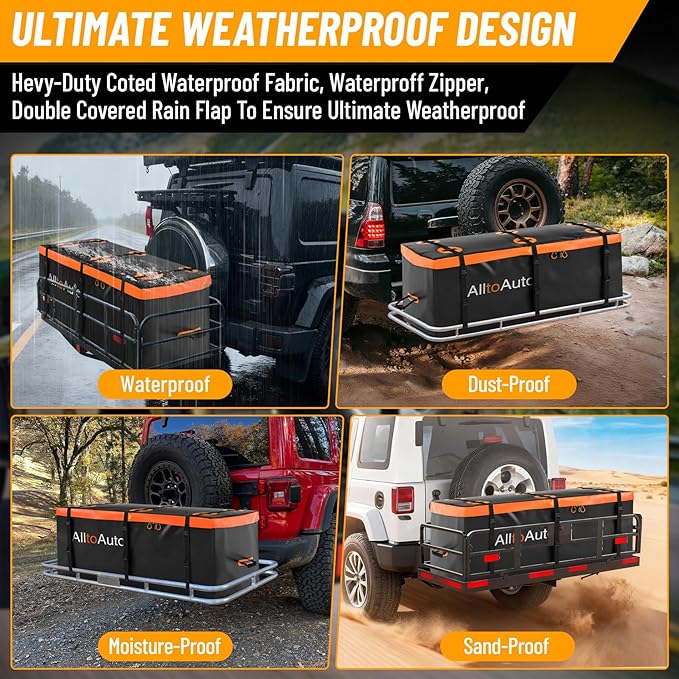 50 CuFt AlltoAuto Waterproof Cargo Bag for Hitch Carrier | 72"x36"x35" Trailer Hitch Cargo Carrier | Weatherproof Truck Bed Storage with Straps, Lock & Carry Case | PVC Vehicle Soft-Shell Carriers