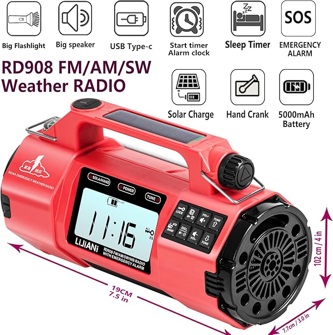 Emergency FM/AM/SW Weather Radio, Big Flashlight/Speaker,Type-C,Sleep Timer Alarm Clock, Solar/Hand Crank Charge, 5000mAh Replaceable Battery,with Cell Phone Charger Hurricane Storm Survival kit