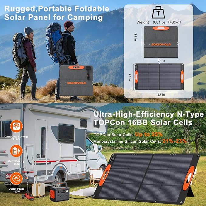 SOKIOVOLA N-Type 16BB 100W Portable Solar Panel 18V ETFE Portable Foldable Solar Charger NextGen 25% High Conversion Folding Solar Panel for Camping Outdoor RV