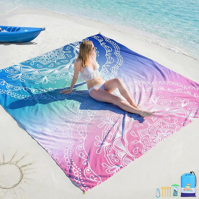 BYDOLL Beach Blanket 78''X81'' Waterproof Sandproof Suits1-4 Adults Oversized Lightweight Large Blanket Picnic Mat for Beach Sand Free Travel Camping Hiking Picnic