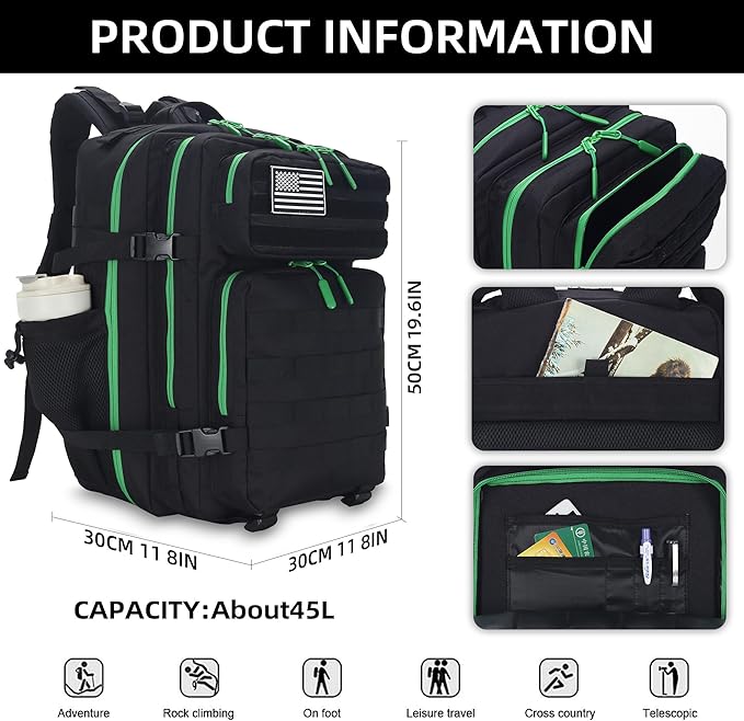 Lovelinks21 45L Tactical Assault Backpack - 3 Day Assault Pack with MOLLE Waterproof Rucksack (Back Green)