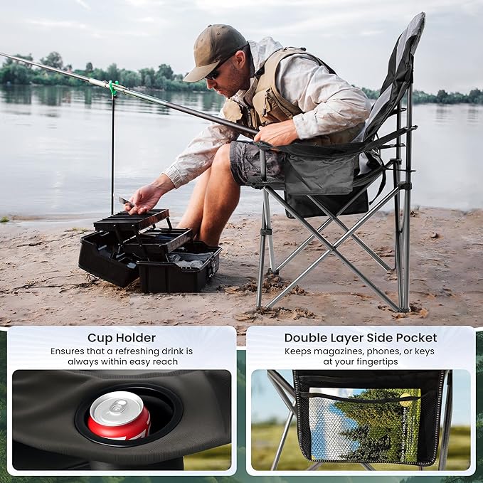Oversized Camping Chair Heavy Duty- Portable Folding Chair, Cup Holder & Waterproof Phone Case for Adults, Beach, Hiking, Backyard (Black & Light Gray, 2 PCS)