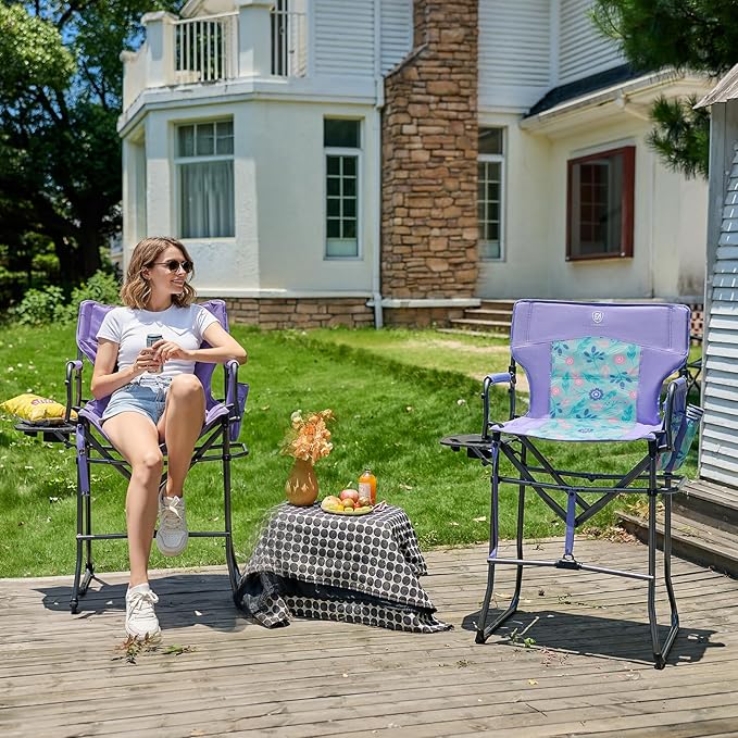 EVER ADVANCED Portable 30.7" Seat Height Tall Folding Camping Chair Directors Chair High Foldable Bar Stool with Side Table for Makeup Artist, Sports Event, Craft Show, Supports 350LBS