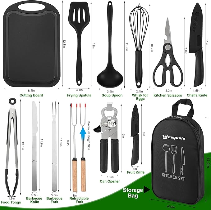 Wesqunie Camping Essentials Cookware Cooking Utensils Set - Portable Camp Kitchen Mess Kit Outdoor Accessories, Stainless Steel & Silicone, Camping Gear Equipment for RV Picnic Grill,Black