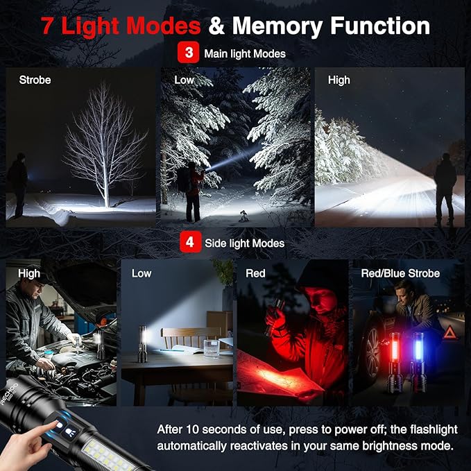 RECHOO Rechargeable Flashlights High Lumens, 7Modes Dual-Switch Flashlight Rechargeable with LCD Digital Display, Super Bright Flashlight Powerful Flash Light LED Flashlights for Home Camping