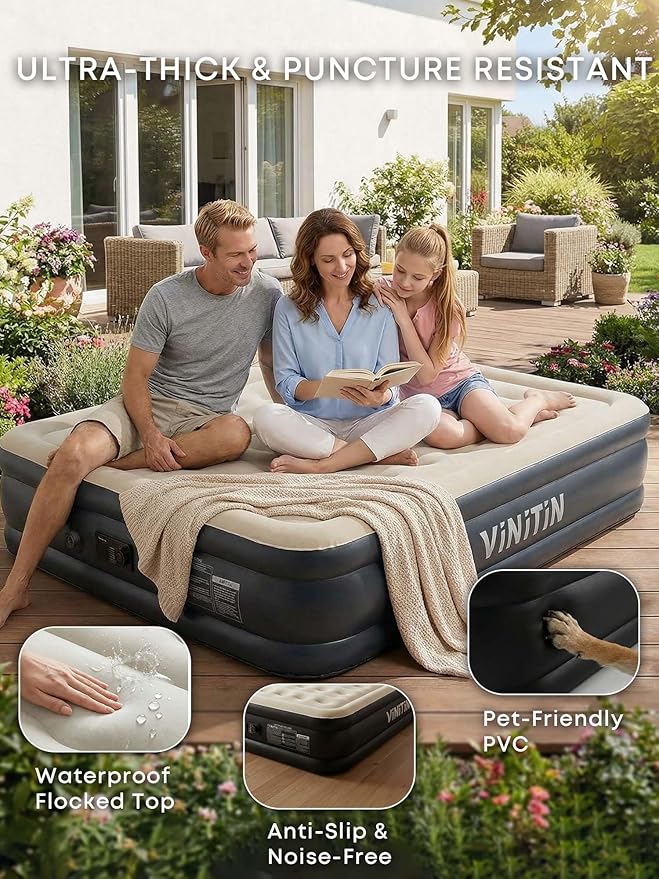 Queen Air Mattress with Built-in Pump, 16" Elevated Inflatable Bed for Home & Guests, Self-Inflating Blow Up Mattress with Flocked Top & Storage Bag, 660lb Max Weight, Matt Black