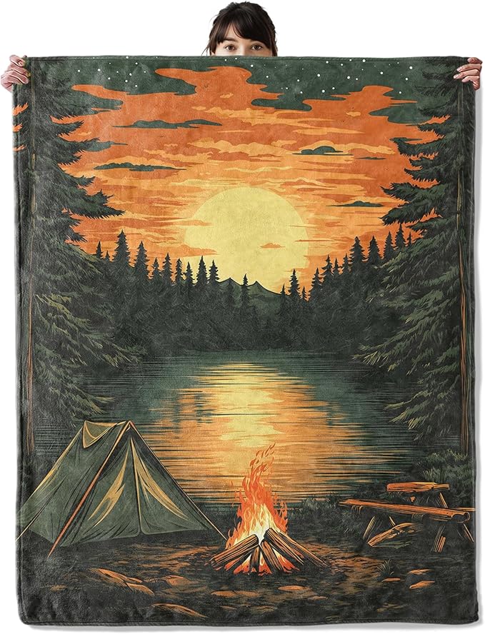 Camping Campfire Blanket, Cozy Flannel Serene Sunset Forest Scene Throw Blanket, Soft Fuzzy Blankets for Travel Decor, All Season Lightweight Couch Bed Cover, Gifts for Women Adults 50"×60"