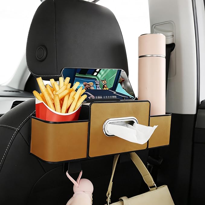 Amooca Back Seat Car Organizer, 4+2 in 1 Multifunctional Car Backseat Storage Box with 3 Cup Holders Tissue Box Hook, Car Interior Storage for Travel Phones Snacks Drinks(Brown)