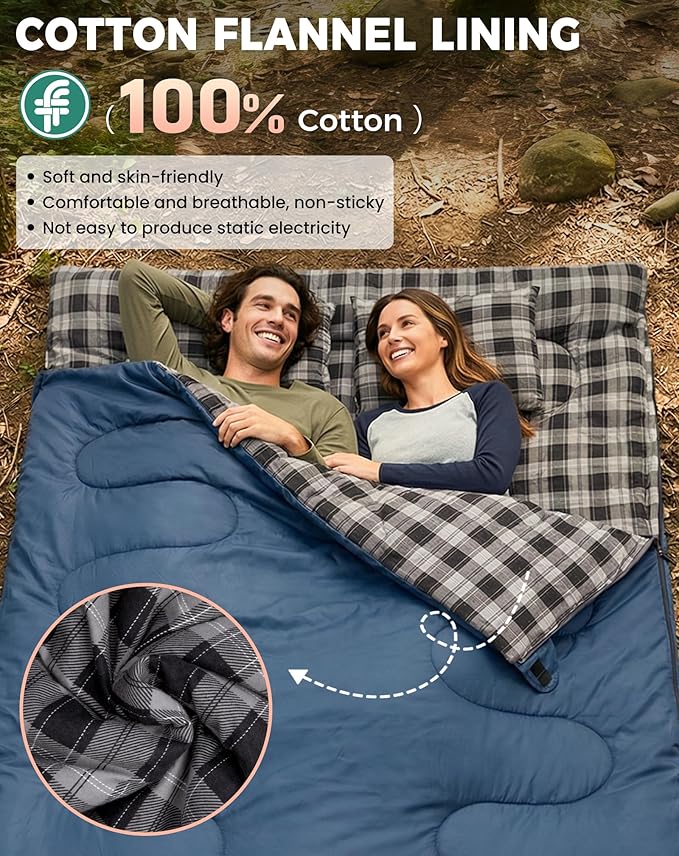 KingCamp Double Sleeping Bag for Adults, Queen Size 2 Person XXL Flannel Sleeping Bag, Waterproof Lightweight Flannel Quilt with 2 Pillows, Perfect for Couples Family Camping Hiking