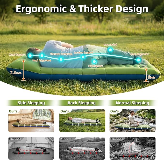Camping Sleeping Pad, Extra Thick 6 Inch Camping Mat with Built-in Pillow & Foot Pump, Ultralight Inflatable Sleeping Pad for Backpacking Hiking Travel Tent(Green)