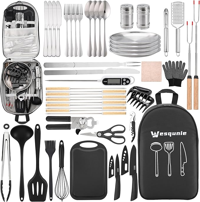 Camping Essentials Cookware Cooking Utensils Set - Portable Camp Kitchen Mess Kit Outdoor Accessories, Stainless Steel & Silicone, Camping Gear Equipment for RV Picnic Grill, Black Pro