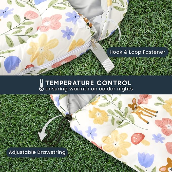 Wake In Cloud - Kids Sleeping Bag for Girls Toddlers, Camping in Warm Cold Weather, Backpacking Lightweight Compact Outdoor Liner for 3 Seasons, Deer Floral Garden