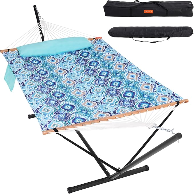 Lazy Daze Hammocks 2 Person Hammock with 12FT Stand for Outside, Quilted Double Hammock with Detachable Pillow, Balance Strap & Carrying Bag Included, 450lbs Capacity, Tool-Free Assembly, Floral Auqa
