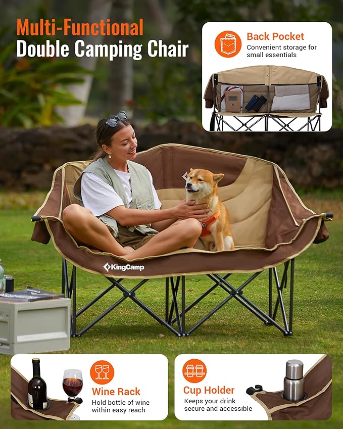 KingCamp Double Camping Chair, Oversized 880lbs Heavy Duty Loveseat for Adults Portable Folding XL 2 Person Couch Padded Comfortable Two Seat with Cup Holder for Outdoor Lawn Backyard, Khaki/Coffee