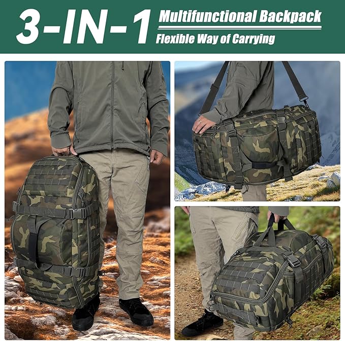 Hannibal Tactical 65L Large Duffle Bag, 3-in-1 Tactical Backpack MOLLE Pack for Sports, Gym, Outdoor, Woodland