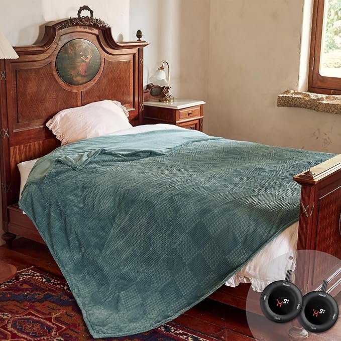 Texciting Electric Blanket Queen Size 84''X90'' - Heated Blanket with Dual Control Fast Heating 10 Heating Levels & 10 Hours Auto Off,ETL Certified Machine Washable (Green)