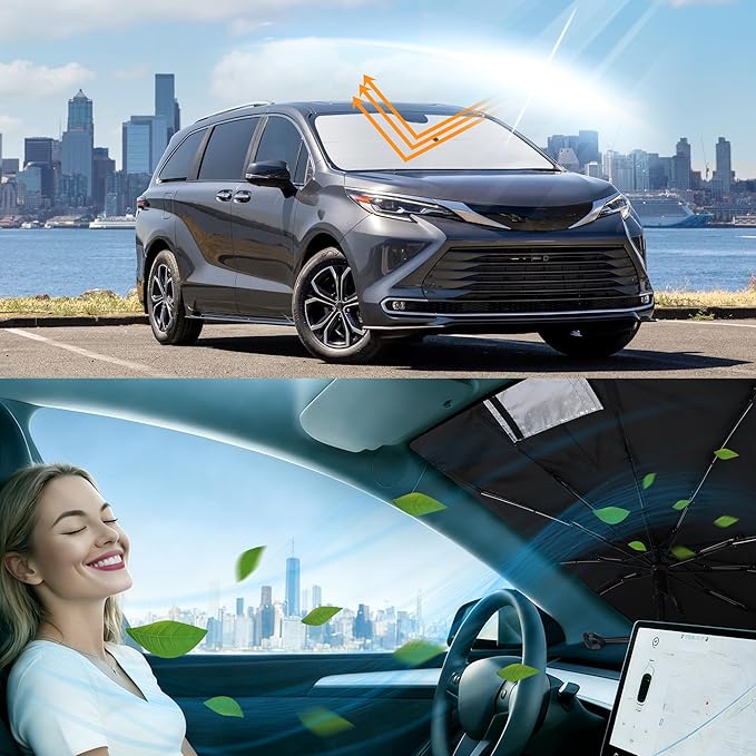Windshield Sun Shade Umbrella Compatible with 2021-2026 Toyota Sienna Accessories Foldable Sunshade Front Sun Visor Protector Keep Car Cooler