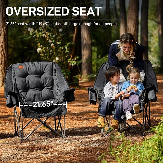 EVER ADVANCED 2 Set Camping Chair with Detachable Cushion, Mesh Chair for Adults Foldable, Oversized Heavy Duty Folding Chair with Cooler Mesh Pocket Cupholder Outdoor Fishing, Supports 400LBS Black