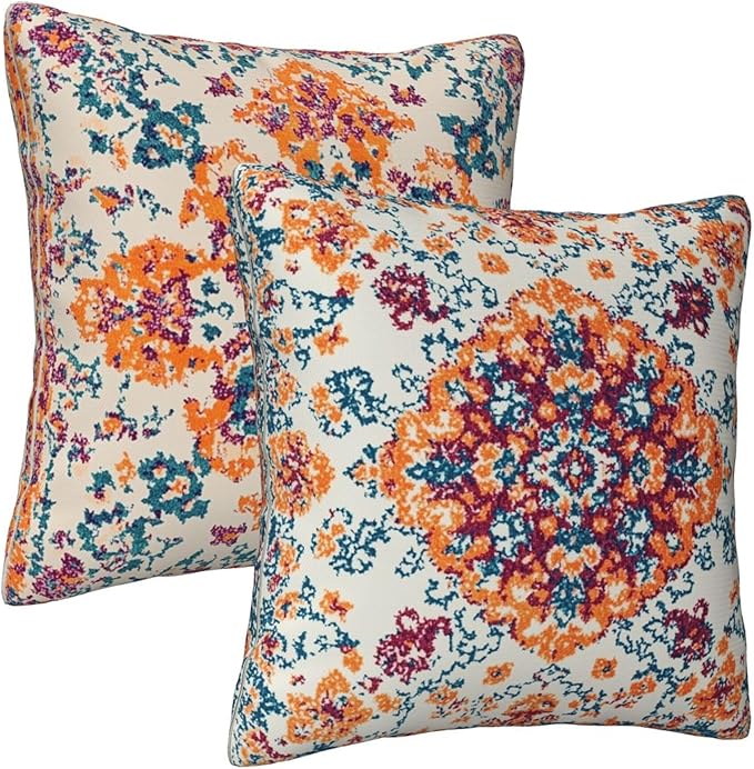 Vintage Bohemian Carpet Pattern Pillow Covers 18x18 inch Set of 2 Orange Blue Ethnic Pillow Case Cushion Cover for Home Sofa Couch Living Room Car Decor