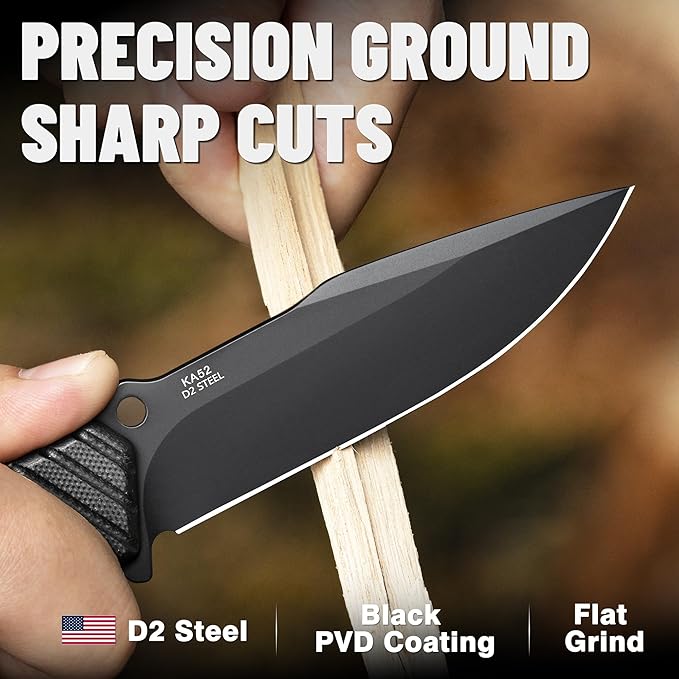 LOTHAR KA52 Fixed Blade Knife with Sheath, D2 Steel Survival Tactical Hunting Knife for Camping Bushcraft Outdoor, Vertical Horizontal Carry Cool Full Tang Knives, Survival Tactical Gear Christmas Valentine Gift for Men Women