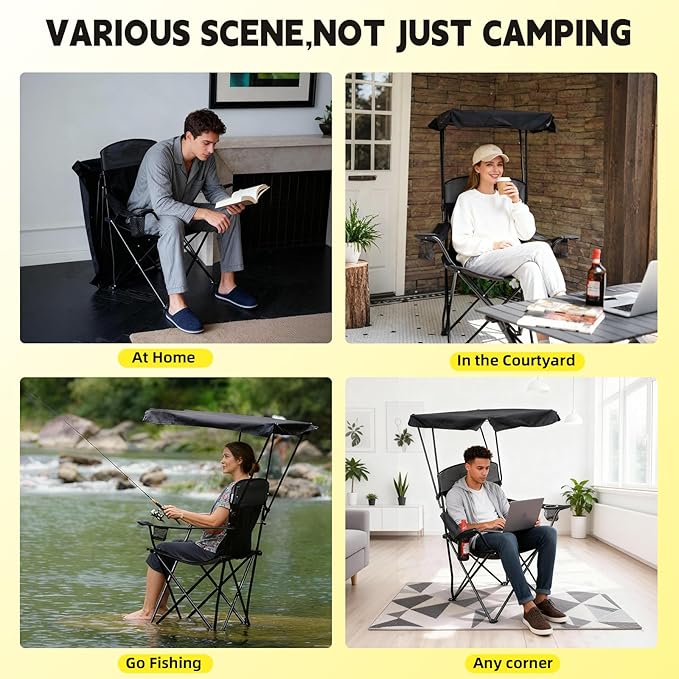 YOUNG WOOD Portable Camping Chair Beach Chair with Shade Canopy, Fold Lightweight Oversized for All, Easy to Open and Close Without Installation, Side Pocket Design for All Outdoor Activities,Black,2p