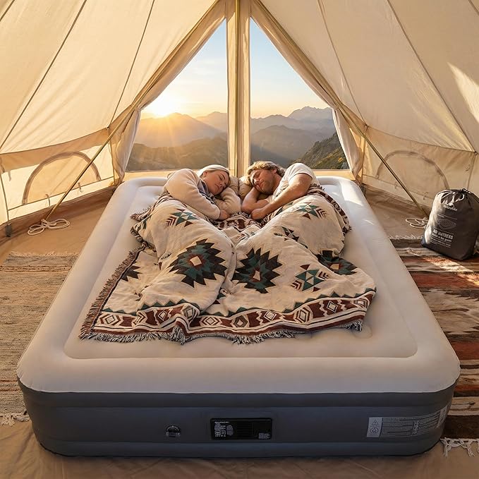 Naturehike Pongee Fabric Queen Air Mattress with Self-Stop High-Speed Built in Pump, 15.8" Thicken Deluxe Blow Up Mattress Waterproof, 2-Min Fast Inflatable Airbed for Home, Camping, Guests, Travel