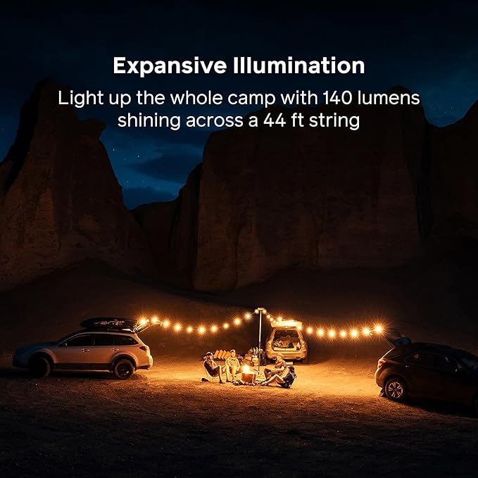 BioLite Solar String Lights 44' in Warm White, 20 Shatterproof LED Bulbs, IPX4 Water Resistant, USB-C Rechargeable Outdoor Lights for Camping, Patio, RV, Boats, Yurts, Vans & Cabins