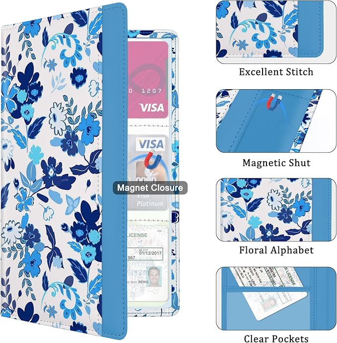 Car Registration and Insurance Holder, with Magnetic Closure for License, Cards and Documents, All Vehicle Needs and Car Accessories (Flower-Blue)