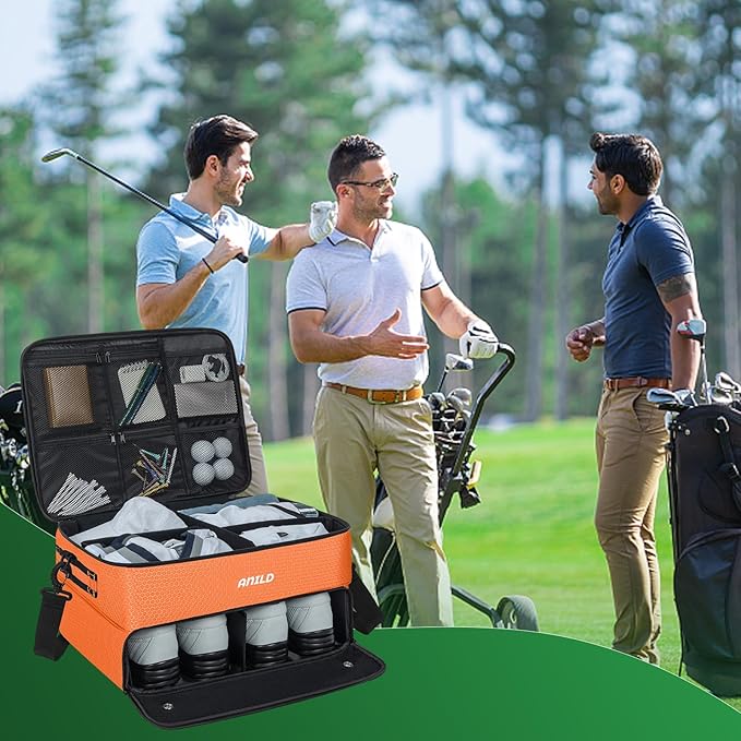 ANILD Golf Trunk Organizer, 2 Layer Golf Storage Case with Separate Ventilated Compartment for 2 Pair Shoes, for Balls, Tees, Clothes, Gloves, Accessories, Golfer Gifts