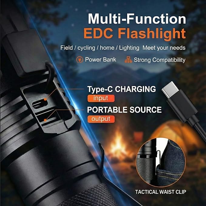 SuperFire Tactical Flashlight Rechargeable, 3000 Lumens Powerful Zoomable LED Flashlight, USB-C Charging & IP44 Waterproof with 5 Modes for Camping, Hiking, Emergency, Home Use