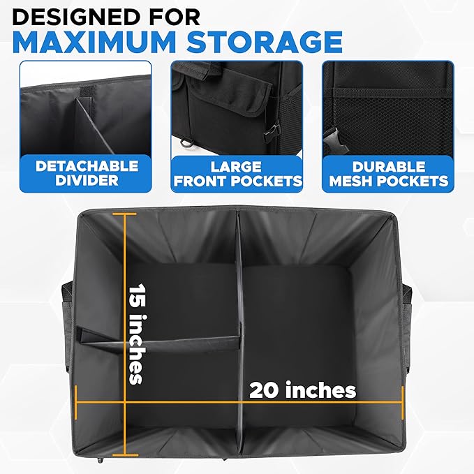EcoNour Trunk Organizer for Car | SUV Collapsible Cargo Storage Box with Detachable Dividers, Mesh Pockets & Adjustable Straps | Multi Compartment Organizer for Groceries, Tools, Travel – Black