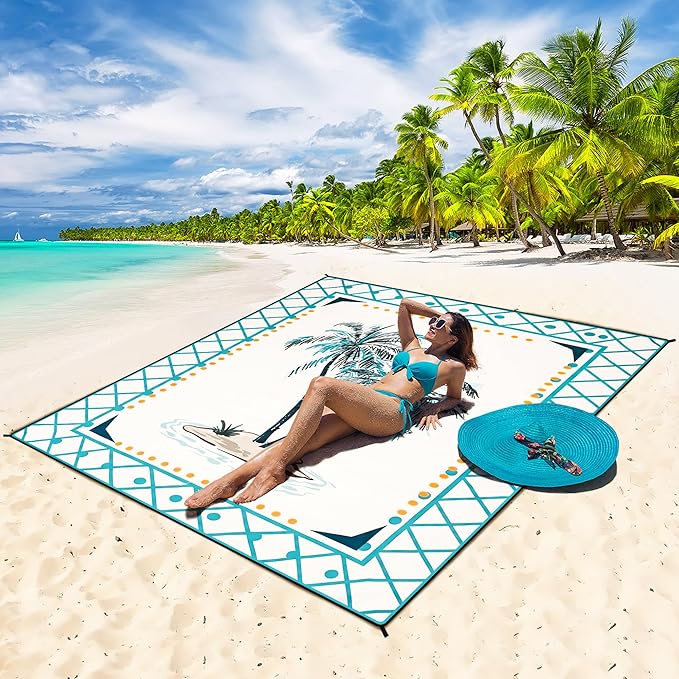HIHOHO Beach Blanket Waterproof Sandproof Beach Mat 79”x 83” for 1-8 Adults Quick Drying Durable Outdoor Picnic Mat for Beach Festival Travel Camping Hiking (Flower Cocotree, 79"×83"(4 Person))