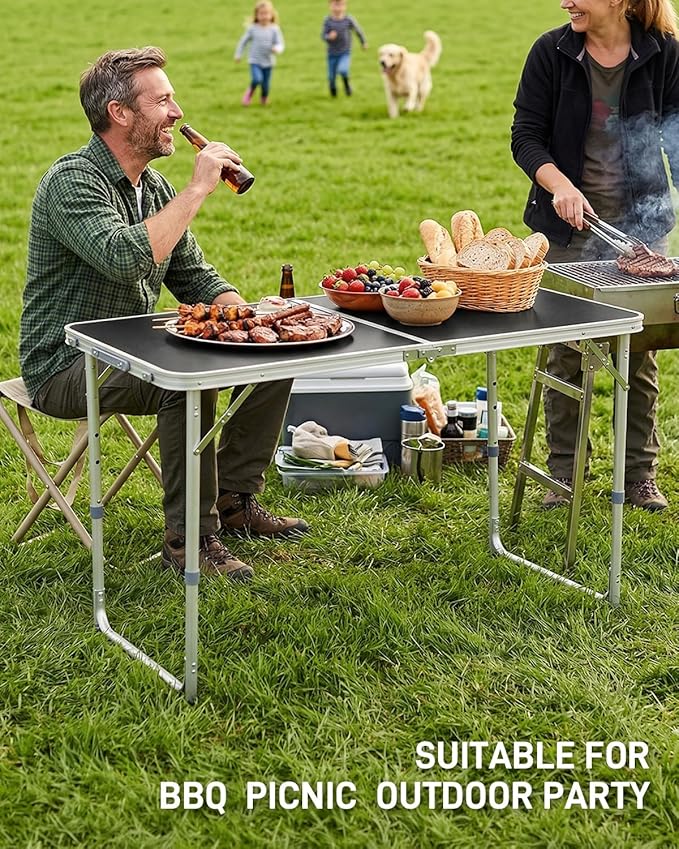 Outvita 4ft Portable Folding Camping Table, Outdoor Waterproof Adjustable Height Table, Aluminum Lightweight Suitcase Foldable Table for Picnic BBQ Beach Dining