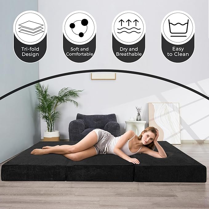 BYBYME Tri-Folding Corduroy Mattress, 6 Inch Gel Folding Mattress Topper, Foldable Soft Guest Bed Camping Pad, Washable Cover (Black, Queen)