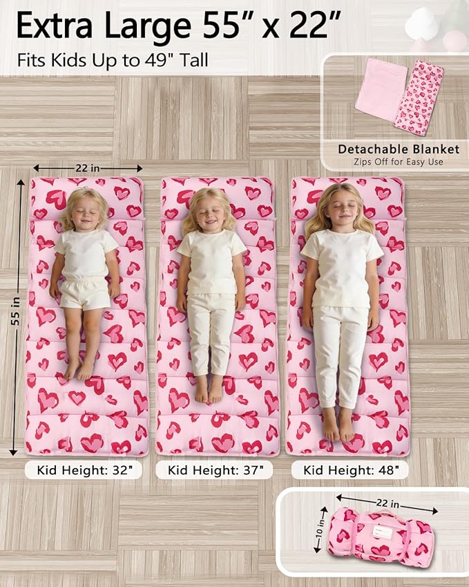 Primlect Toddler Nap Mat Extra Large Thickened 55''x35'', Soft Sleeping Bag with Detachable Minky Blanket and Pillow, Portable for Daycare, Preschool, Kindergarten, Travel, Boys and Girls