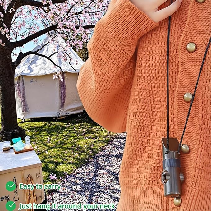 Emergency 7-in-1 Survival Whistle Kit:120dB Loud Safety Whistle with Compass,Thermometer, LED Light ,Signal Mirror & Waterproof Case for Outdoor Adventures Fire Starter for Hiking/Camping/Water Safety