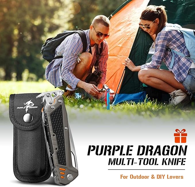 Purple Dragon Multitool,13-in-1 Pocket Knife with Sheath,Perfect for Camping, Hiking & Outdoor Use, Gift for Men Dad Husband– Grey