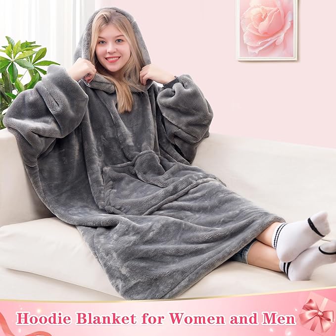 Waitu Wearable Blanket Sweatshirt Gifts for Women and Men, Super Warm and Cozy Giant Blanket Hoodie, Thick Flannel Blanket with Sleeves and Giant Pocket - Gray
