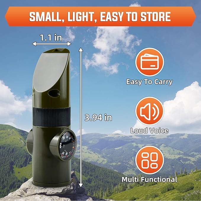 Emergency Survival Whistle, 7-in-1 Outdoor Multifunctional Tool Safety Whistle with Lanyard, Ideal for Kayaking, Boating, Hiking, Camping, Climbing, Hunting, Fishing, Rescue Signaling