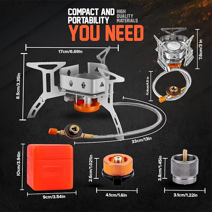 3500W Camping Stove, Backpacking Windproof Camp Stove with Piezo Ignition Carrying Case and 2 Additional Adapters, Compatable with Isobutane, Propane, Butane Tanks, Portable and Collapsible