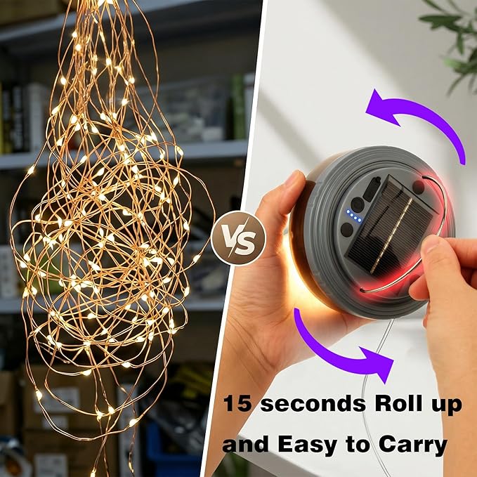 Solar Camping String Lights 32.8FT, 9 Lighting Modes 4 in 1 Portable Waterproof Camp Lantern, Retractable Rechargeable Fairy Lights with Hanging Hook for Outdoor Tent Garden Patio RV Yard Essentials