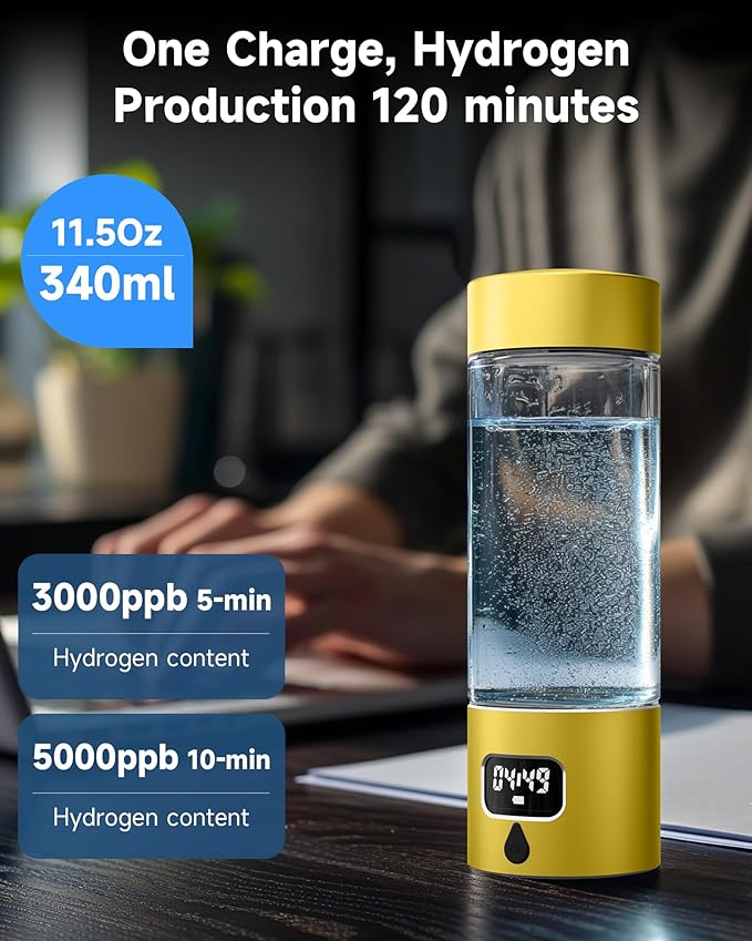 340ml Portable Hydrogen Water Bottle Generator with PEM-SPE Technology, Glass Exterior & Aluminum Shell, Produces 5000 ppb Hydrogen in 10 Minutes, for Home, Gym, Office & Travel