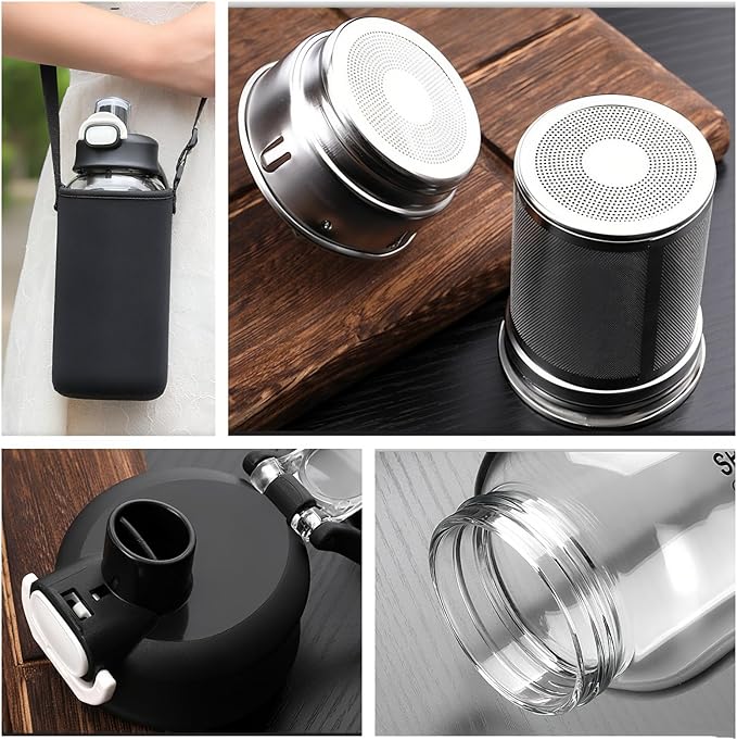 Glass Tea Bottle with Infuser - Gass Tea Tumbler with Infuser, Borosilicate Glass Infuser Water Bottle with Straw, Sleeve,Lock Lid and Handle, Leakproof (1500ML)