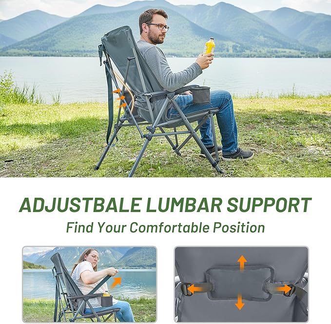 TIMBER RIDGE Oversized Camping Chair with Lumbar Support, Portable Folding Chair Heavy Duty for Adults Supports 450 LBS for Outdoor Camping, Lawn, with High Back, Cup Holder, Side Pocket - Grey, 2Pack