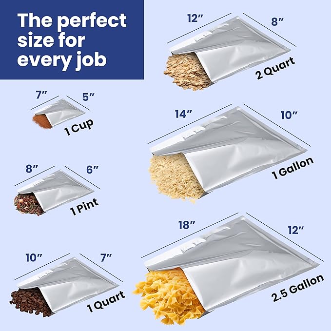 Wallaby 50 Count 1-Gallon Mylar Bags with Labels, 10 Mil Total Thickness Long-Term Food Storage Pouches, 10x14 Heat-Sealable Airtight Packaging - Silver