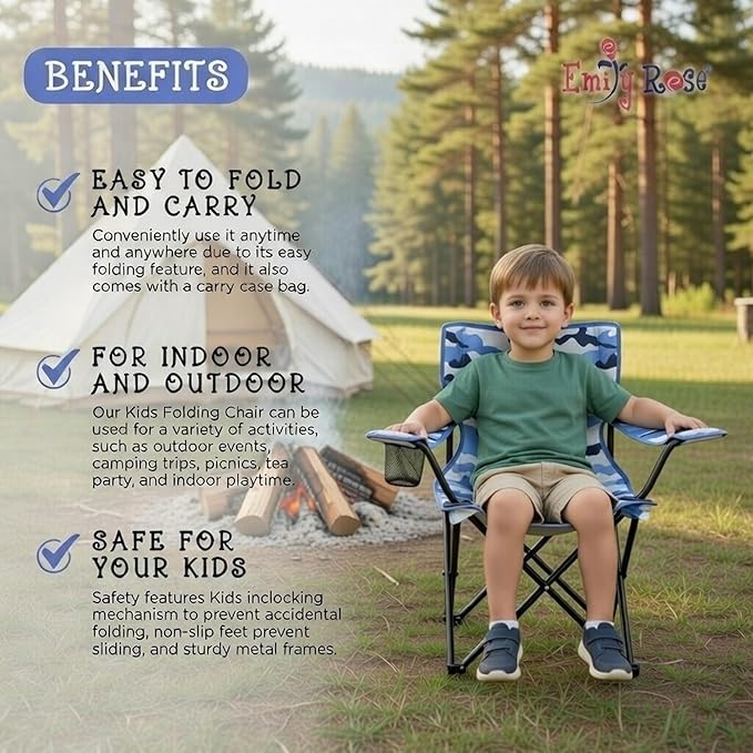 Emily Rose Kids Folding Beach Camp Chair with Safety Lock - Camping Travel Chair for Boys Girls Toddlers Ages 2-7 with Cup Holder & Carry Case (Blue Camo) Indoor Outdoor Lightweight USA Brand