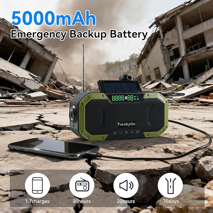 Emergency Radio Waterproof Bluetooth Speaker,Hand-Crank NOAA Weather Radio with Solar Panel,5000mAH Cell Phone Charger,Flashlight,SOS,Outdoor Camping Gear Camping