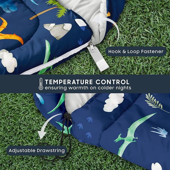 Wake In Cloud - Kids Sleeping Bag for Boys Toddlers, Camping in Warm Cold Weather, Backpacking Lightweight Compact Outdoor Liner for 3 Seasons, Watercolor Dinosaurs