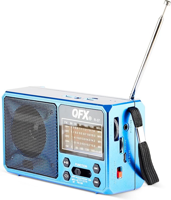 QFX R-37-BL 6-Band (AM, FM, SW1 - SW4) Bluetooth LED Flashlight Solar Radio (2021 Model)